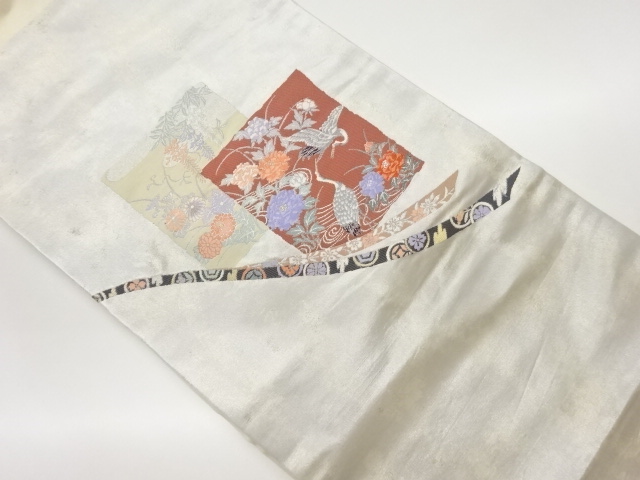 引箔色紙に鬘帯・鶴・花々模様織出し名古屋帯